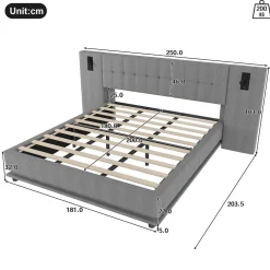 Okwish Lit Double 180x200 cm - Lit Adulte Rembourré avec Tête de Lit LED et Prise USB - Lin + MDF - Sans Matelas - Gris