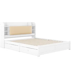 Okwish Lit Double 180x200 cm - Lit Adulte avec 4 Tiroirs et Tête Multifonctionnelle - Bois de Pin et MDF - Blanc - Sans Matelas