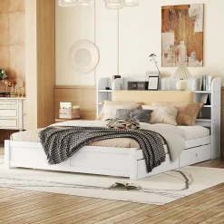 Okwish Lit Double 180x200 cm - Lit Adulte avec 4 Tiroirs et Tête Multifonctionnelle - Bois de Pin et MDF - Blanc - Sans Matelas