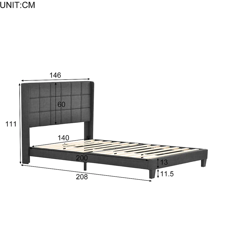 Okwish Lit double 140x200 cm - Lit adulte capitonné avec sommier à lattes - Lin - avec Matelas - Gris Sale