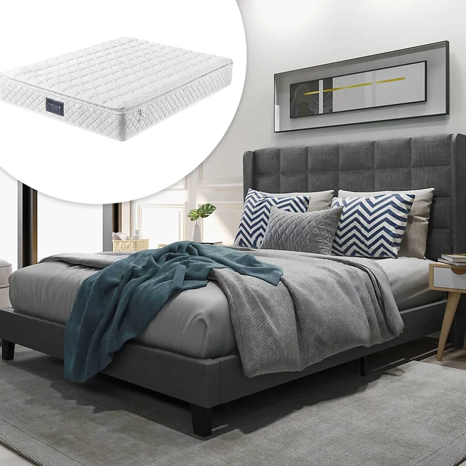 Okwish Lit double 140x200 cm - Lit adulte capitonné avec sommier à lattes - Lin - avec Matelas - Gris Sale