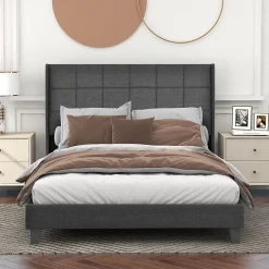 Okwish Lit double 140x200 cm - Lit adulte capitonné avec sommier à lattes - Lin - avec Matelas - Gris Sale