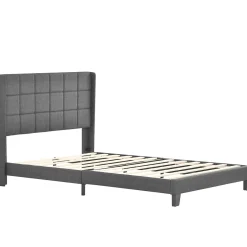 Okwish Lit double 140x200 cm - Lit adulte capitonné avec sommier à lattes - Lin - avec Matelas - Gris Sale