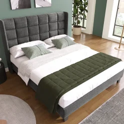 Okwish Lit double 140x200 cm - Lit adulte capitonné avec sommier à lattes - Lin - Sans Matelas - Gris