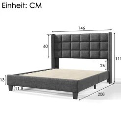 Okwish Lit double 140x200 cm - Lit adulte capitonné avec sommier à lattes - Lin - Sans Matelas - Gris