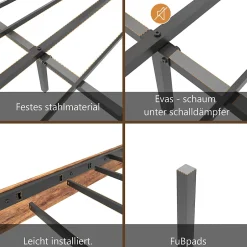 Okwish Lit Double 160x200 cm - Lit Adulte en Bois avec Cadre Métal Robuste - Style Industriel - Sans Matelas - Marron Outlet