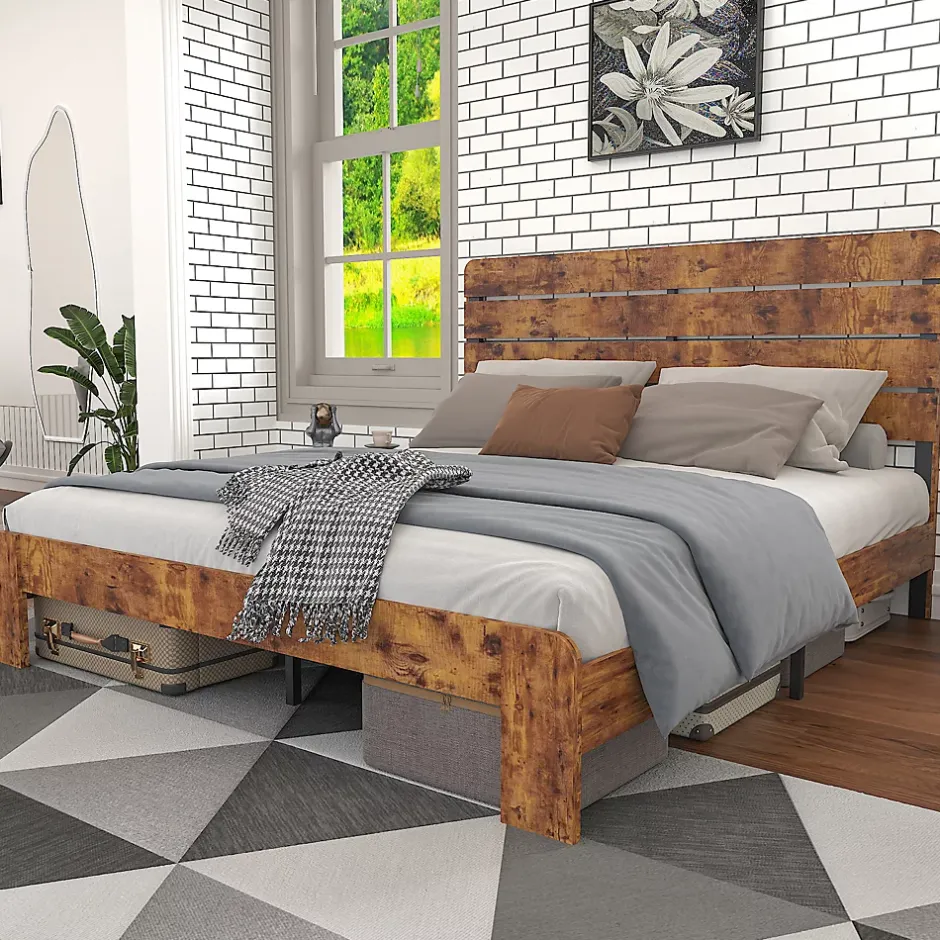 Okwish Lit Double 160x200 cm - Lit Adulte en Bois avec Cadre Métal Robuste - Style Industriel - Sans Matelas - Marron Outlet