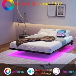Okwish Lit Double 140x200 cm - Lit Adulte Metal avec Éclairage LED et Ports USB, Contrôle Télécommande App, Noir, sans Matelas Discount