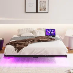 Okwish Lit Double 140x200 cm - Lit Adulte Metal avec Éclairage LED et Ports USB, Contrôle Télécommande App, Noir, sans Matelas Discount