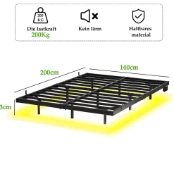 Okwish Lit Double 140x200 cm - Lit Adulte Metal avec Éclairage LED et Ports USB, Contrôle Télécommande App, Noir, sans Matelas Discount