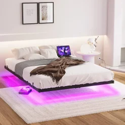 Okwish Lit Double 140x200 cm - Lit Adulte Metal avec Éclairage LED et Ports USB, Contrôle Télécommande App, Noir, sans Matelas Discount