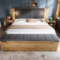 Okwish Lit Double 180x200 cm - Lit Adulte avec Tête de Lit Rabattable et Rangement - 2 Tables de Chevet et Banc - Sans Matelas - Naturel