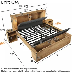 Okwish Lit Double 180x200 cm - Lit Adulte avec Tête de Lit Rabattable et Rangement - 2 Tables de Chevet et Banc - Sans Matelas - Naturel