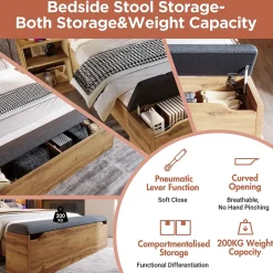Okwish Lit Double 180x200 cm - Lit Adulte avec Tête de Lit Rabattable et Rangement - 2 Tables de Chevet et Banc - Sans Matelas - Naturel