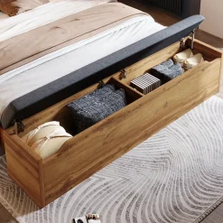 Okwish Lit Double 180x200 cm - Lit Adulte avec Tête de Lit Rabattable et Rangement - 2 Tables de Chevet et Banc - Sans Matelas - Naturel