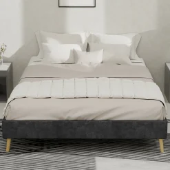 Okwish Lit Double 140x200 cm - Lit Adulte/Ado Moderne Style Minimaliste Sans Tête de Lit ni Matelas, Cadre Métal, Velours, Gris