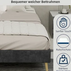 Okwish Lit Double 140x200 cm - Lit Adulte/Ado Moderne Style Minimaliste Sans Tête de Lit ni Matelas, Cadre Métal, Velours, Gris