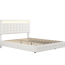 Okwish Lit double 140x200 cm - Lit adulte avec éclairage LED et tête de lit réglable - PU + MDF - Sans matelas - Blanc Sale