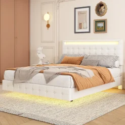 Okwish Lit double 140x200 cm - Lit adulte avec éclairage LED et tête de lit réglable - PU + MDF - Sans matelas - Blanc Sale