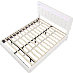 Okwish Lit double 140x200 cm - Lit adulte avec éclairage LED et tête de lit réglable - PU + MDF - Sans matelas - Blanc Sale