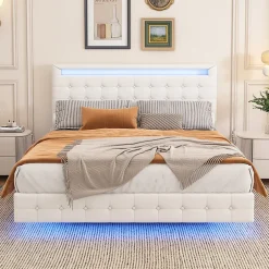 Okwish Lit double 140x200 cm - Lit adulte avec éclairage LED et tête de lit réglable - PU + MDF - Sans matelas - Blanc Sale