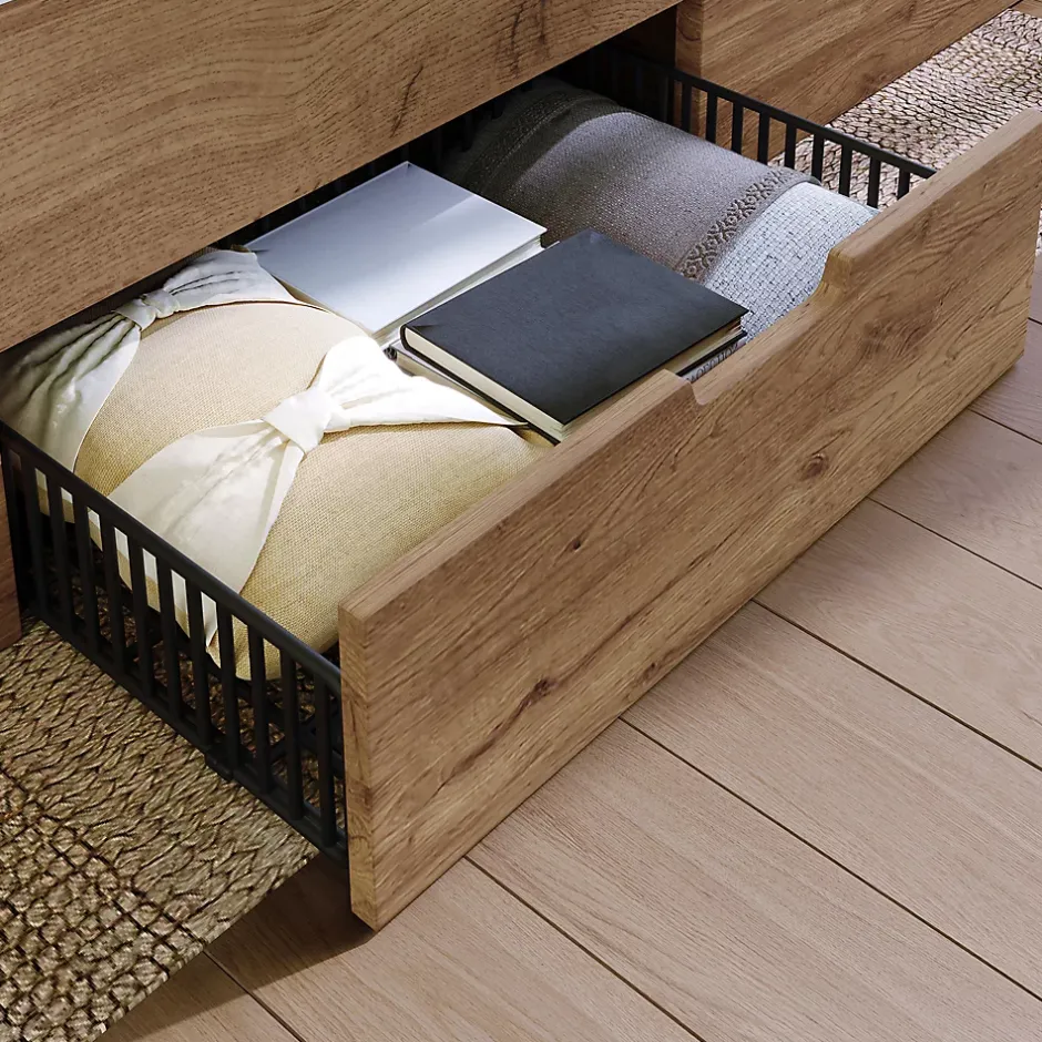 Okwish Lit Double 160x200 cm - Lit Adulte avec Rangement et Éclairage LED - Port USB et Niche Lumineuse - Sans Matelas - Bois - Chêne Outlet