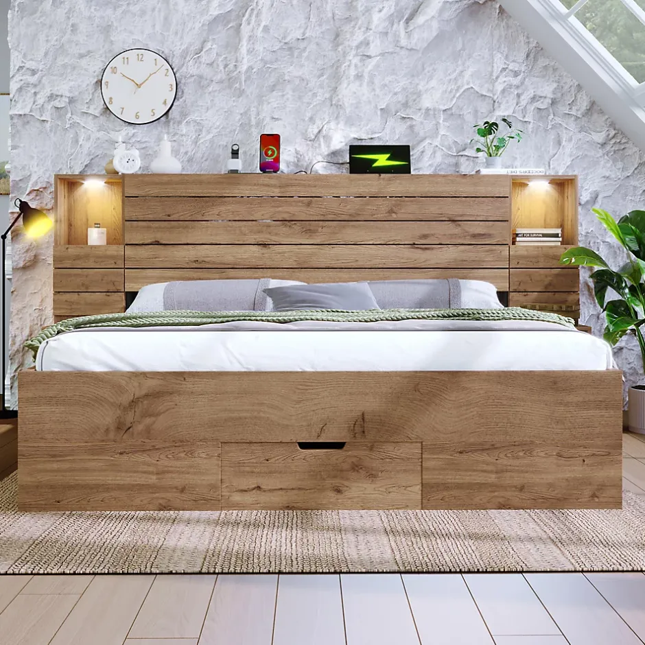 Okwish Lit Double 160x200 cm - Lit Adulte avec Rangement et Éclairage LED - Port USB et Niche Lumineuse - Sans Matelas - Bois - Chêne Outlet