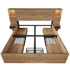 Okwish Lit Double 160x200 cm - Lit Adulte avec Rangement et Éclairage LED - Port USB et Niche Lumineuse - Sans Matelas - Bois - Chêne Outlet