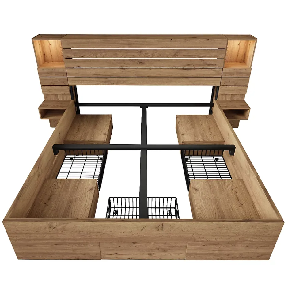 Okwish Lit Double 160x200 cm - Lit Adulte avec Rangement et Éclairage LED - Port USB et Niche Lumineuse - Sans Matelas - Bois - Chêne Outlet