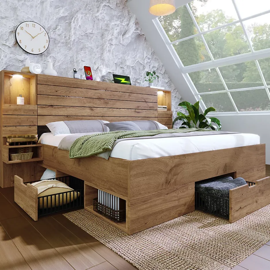 Okwish Lit Double 160x200 cm - Lit Adulte avec Rangement et Éclairage LED - Port USB et Niche Lumineuse - Sans Matelas - Bois - Chêne Outlet