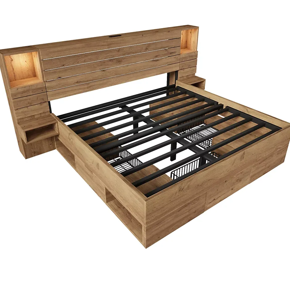 Okwish Lit Double 160x200 cm - Lit Adulte avec Rangement et Éclairage LED - Port USB et Niche Lumineuse - Sans Matelas - Bois - Chêne Outlet