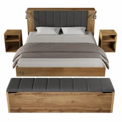 Okwish Lit Double 160x200 cm - Lit Adulte avec Tête de Lit Rabattable et Rangement - 2 Tables de Chevet et Banc - Sans Matelas - Naturel