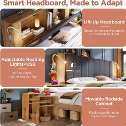 Okwish Lit Double 160x200 cm - Lit Adulte avec Tête de Lit Rabattable et Rangement - 2 Tables de Chevet et Banc - Sans Matelas - Naturel