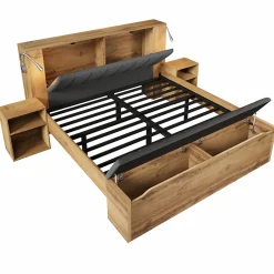 Okwish Lit Double 160x200 cm - Lit Adulte avec Tête de Lit Rabattable et Rangement - 2 Tables de Chevet et Banc - Sans Matelas - Naturel