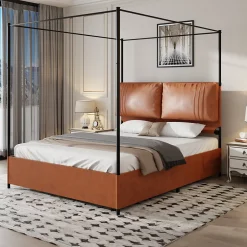 Okwish Lit Double 140x200 cm - Lit Adulte en PU avec Têtières Amovibles et Boucles Métalliques - design Moderne - Sans Matelas - Beige