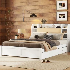 Okwish Lit Double 160x200 cm - Lit Adulte avec 4 Tiroirs et Tête Multifonctionnelle - Bois de Pin et MDF - Blanc - Sans Matelas Best