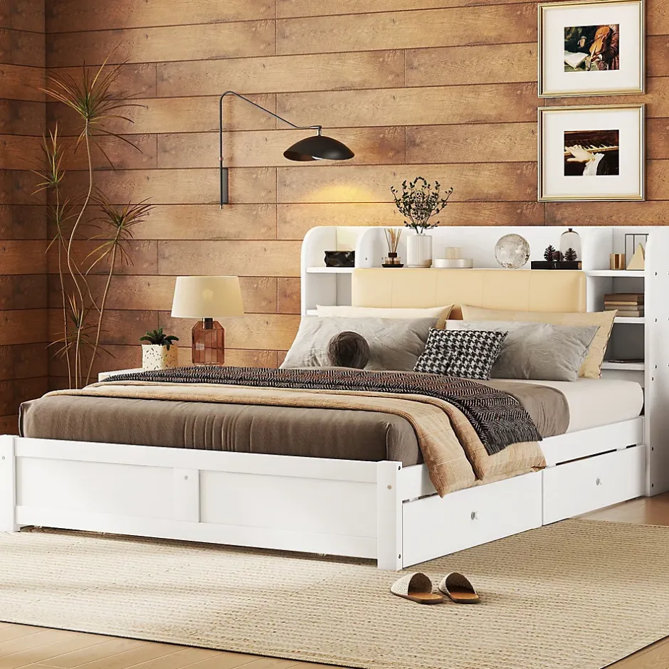 Okwish Lit Double 160x200 cm - Lit Adulte avec 4 Tiroirs et Tête Multifonctionnelle - Bois de Pin et MDF - Blanc - Sans Matelas Best
