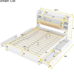 Okwish Lit Double 160x200 cm - Lit Adulte avec 4 Tiroirs et Tête Multifonctionnelle - Bois de Pin et MDF - Blanc - Sans Matelas Best