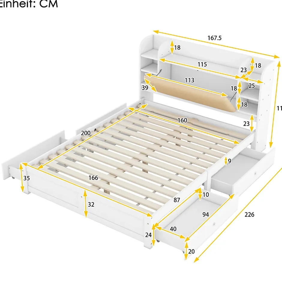 Okwish Lit Double 160x200 cm - Lit Adulte avec 4 Tiroirs et Tête Multifonctionnelle - Bois de Pin et MDF - Blanc - Sans Matelas Best