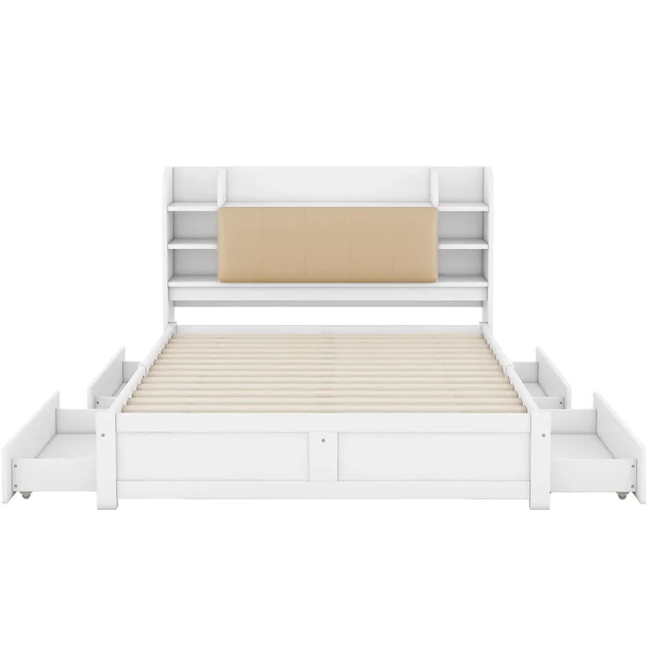 Okwish Lit Double 160x200 cm - Lit Adulte avec 4 Tiroirs et Tête Multifonctionnelle - Bois de Pin et MDF - Blanc - Sans Matelas Best
