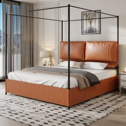 Okwish Lit Double 180x200 cm - Lit Adulte en PU avec Têtières Amovibles et Boucles Métalliques - design Moderne - Sans Matelas - Beige