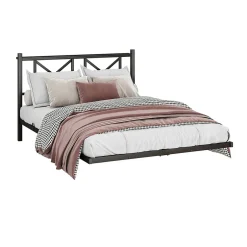 Okwish Lit Double 140x200 cm - Lit Adulte Moderne, avec Rangements, Éclairage LED Multicolore et Prises USB - Métal Noir, sans Matelas Discount