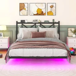 Okwish Lit Double 140x200 cm - Lit Adulte Moderne, avec Rangements, Éclairage LED Multicolore et Prises USB - Métal Noir, sans Matelas Discount