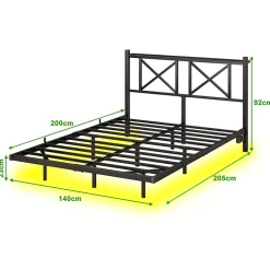 Okwish Lit Double 140x200 cm - Lit Adulte Moderne, avec Rangements, Éclairage LED Multicolore et Prises USB - Métal Noir, sans Matelas Discount