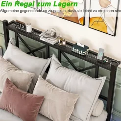 Okwish Lit Double 140x200 cm - Lit Adulte Moderne, avec Rangements, Éclairage LED Multicolore et Prises USB - Métal Noir, sans Matelas Discount