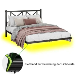 Okwish Lit Double 140x200 cm - Lit Adulte Moderne, avec Rangements, Éclairage LED Multicolore et Prises USB - Métal Noir, sans Matelas Discount