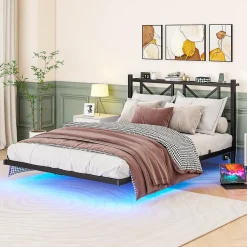 Okwish Lit Double 140x200 cm - Lit Adulte Moderne, avec Rangements, Éclairage LED Multicolore et Prises USB - Métal Noir, sans Matelas Discount