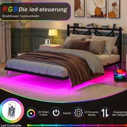 Okwish Lit Double 140x200 cm - Lit Adulte Moderne, avec Rangements, Éclairage LED Multicolore et Prises USB - Métal Noir, sans Matelas Discount