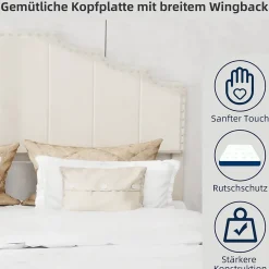 Okwish Lit Double 160x200 cm - Lit Adulte Style Moderne avec Tête de Lit Confortable, en Tissu Beige, Sans Matelas