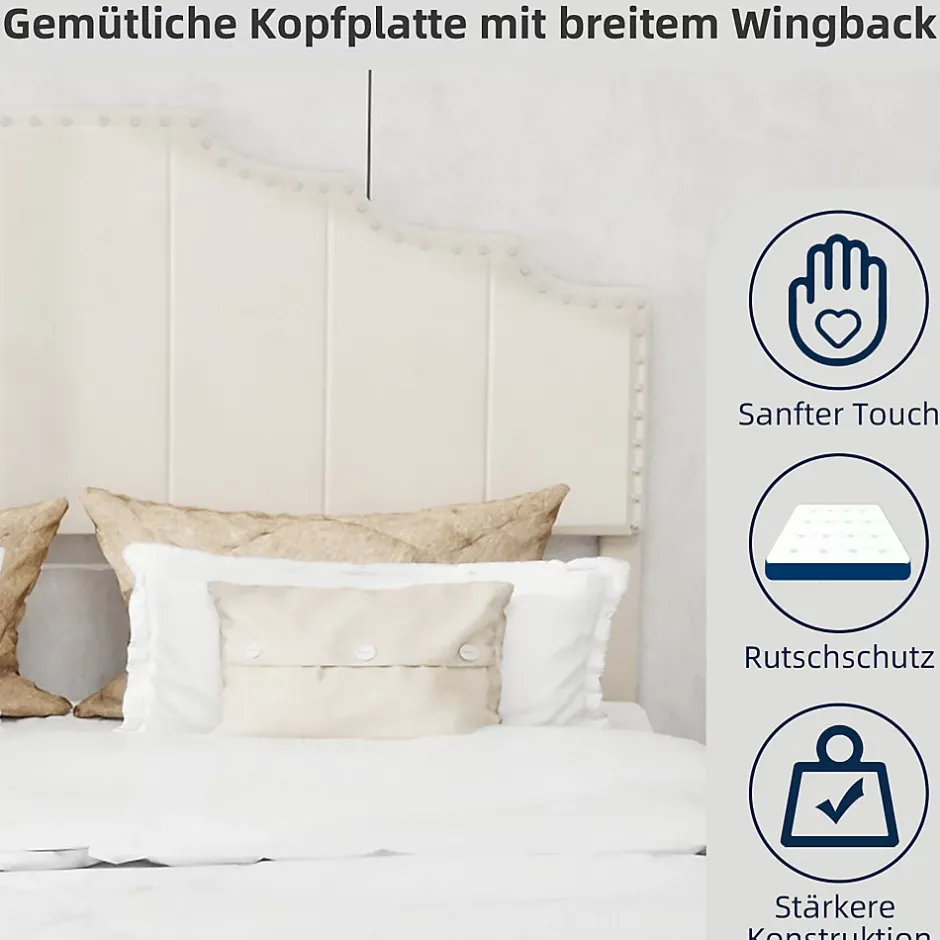 Okwish Lit Double 160x200 cm - Lit Adulte Style Moderne avec Tête de Lit Confortable, en Tissu Beige, Sans Matelas
